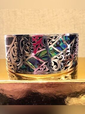 LOIS HILL Blue Green Abalone Inlay Sterling Silver Cut Out Scroll Cuff Bracelet